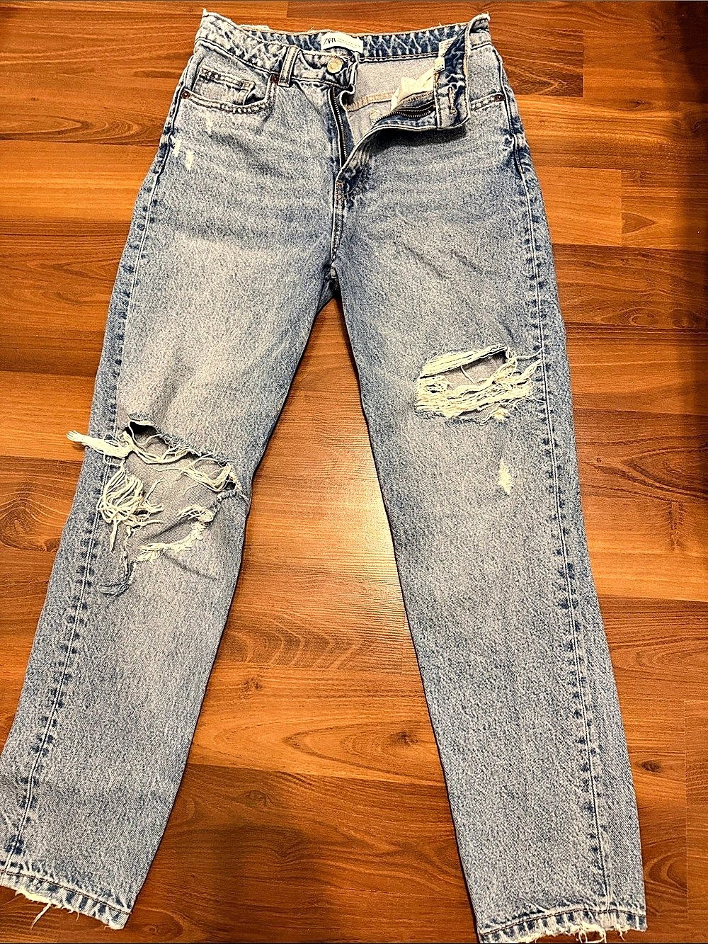 Zara Distressed High-Rise Mom Fit Straight Leg Jeans